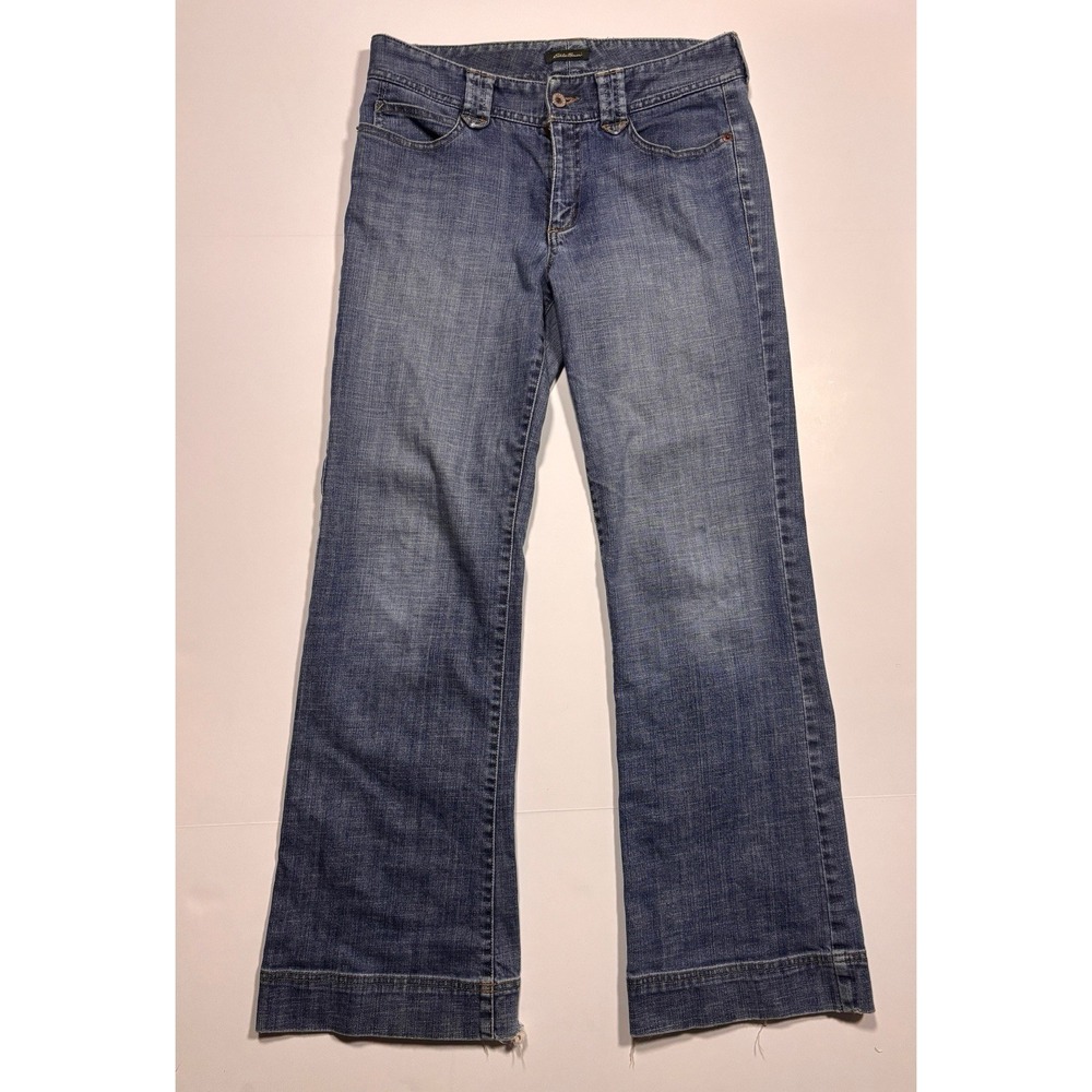 Eddie Bauer Womens Blue Flare Leg Jeans Medium Wash Frayed Hem Mid Rise 31x31